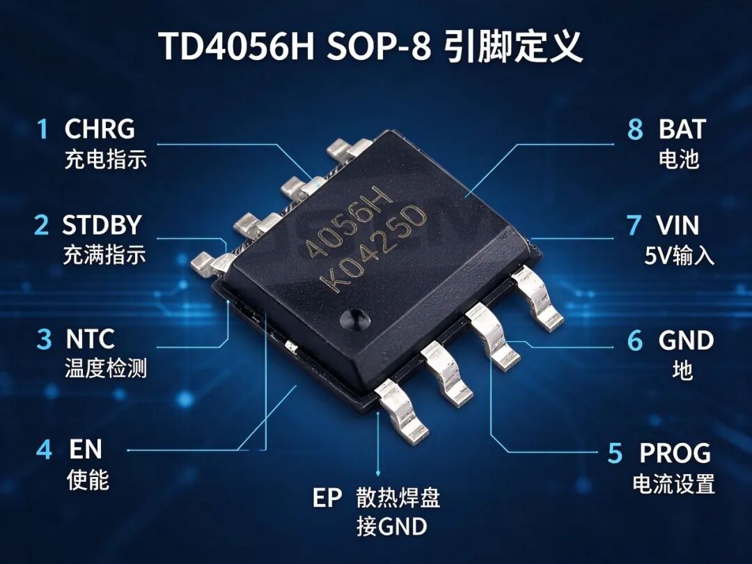 NTC 溫度保護 + EN 軟關斷，TD4056H SOP-8 版本纔是完整版
