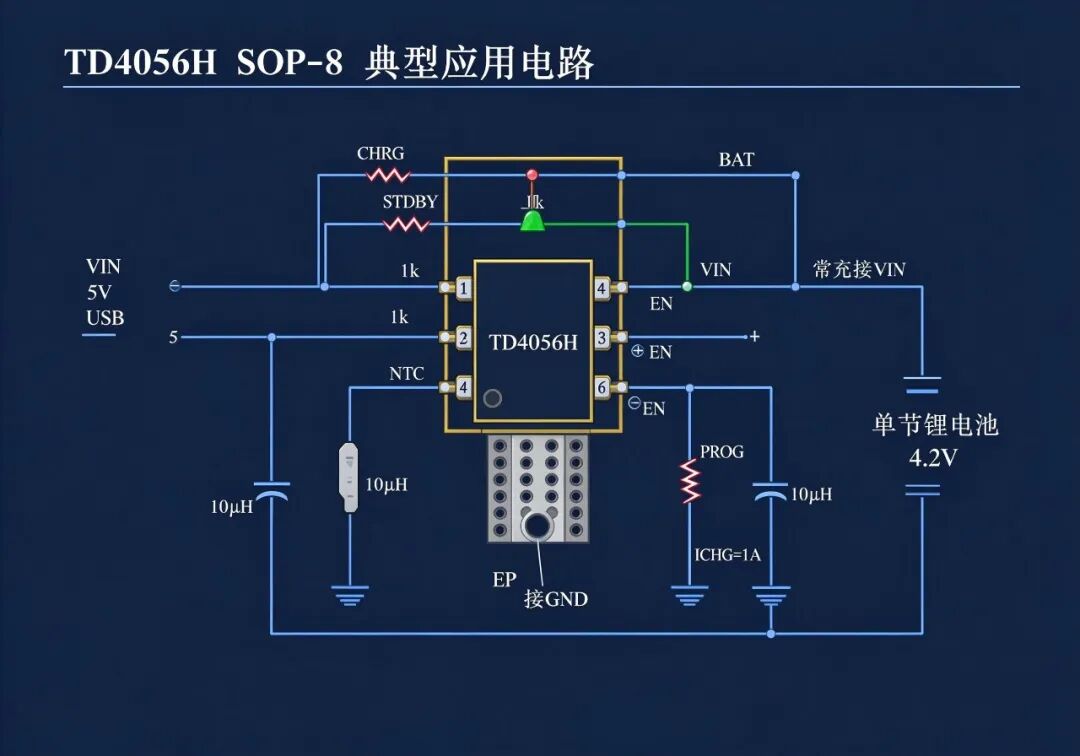 NTC 溫度保護 + EN 軟關斷，TD4056H SOP-8 版本纔是完整版